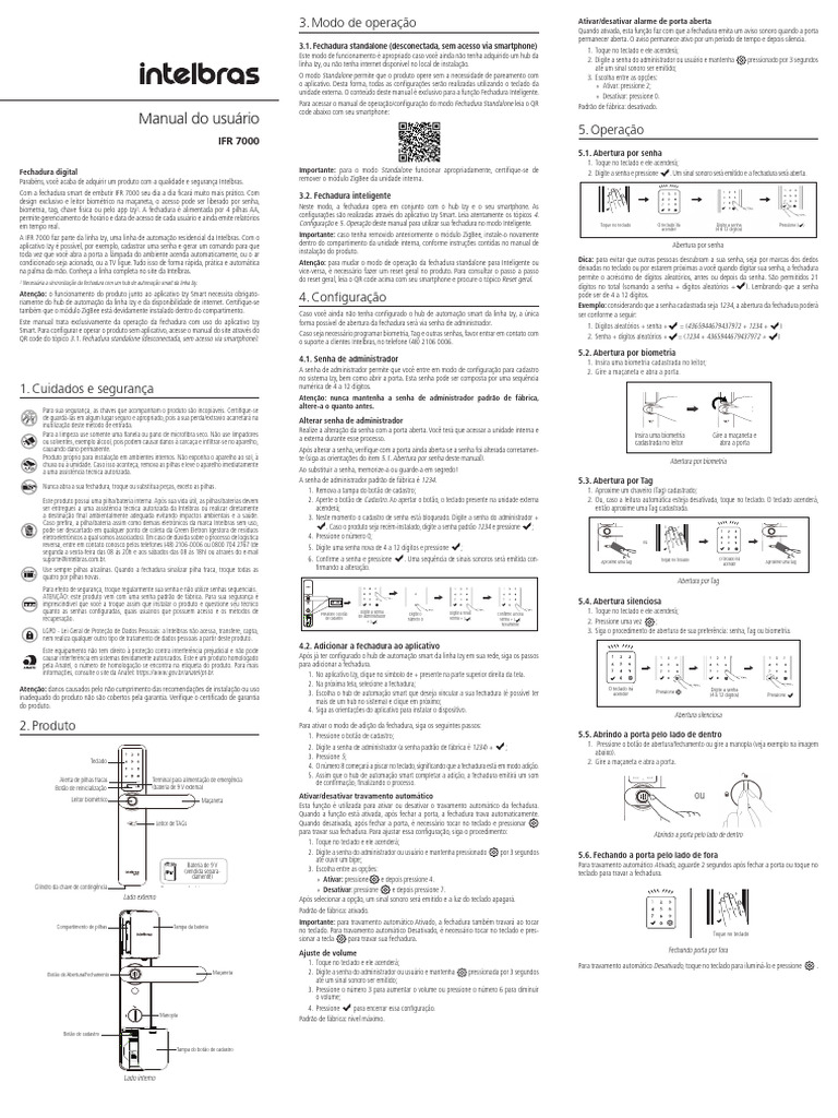 Manual da Fechadura Intelbras IFR 7000 | PDF | Biometria | Teclado de ...