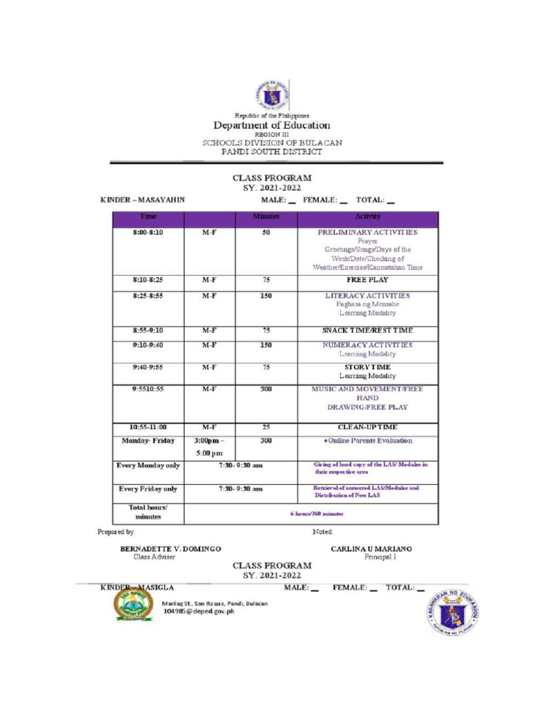 Class Program For Kindergarten | PDF