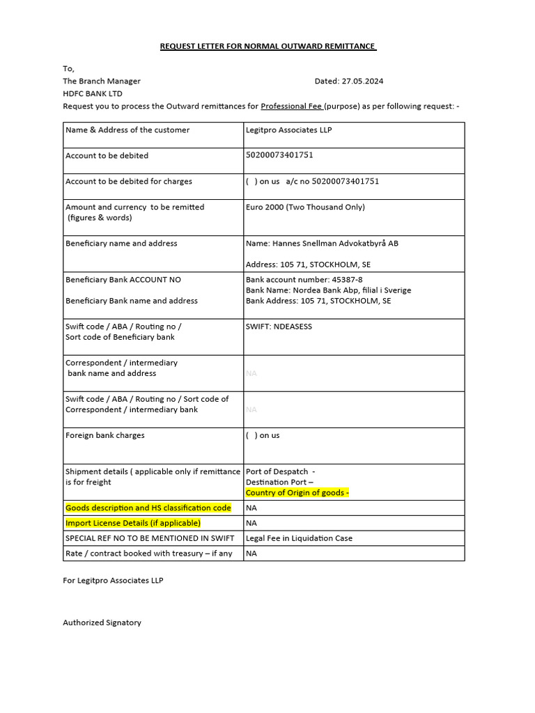 HDFC Outward Remittance Request Template | PDF | Banks | Debit Card