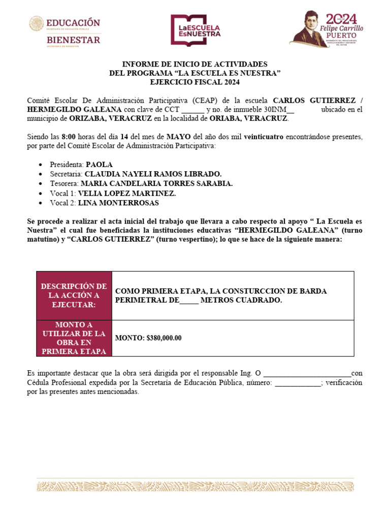 ACTA DE INICIO DE ESCUELAS 2024 | PDF