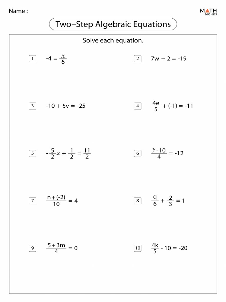 Two Step Algebra Equations Worksheets31 PDF