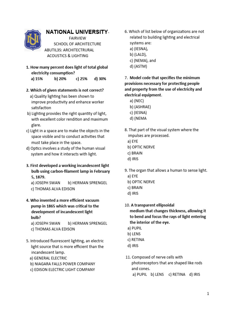 60 Lighting Quiz Questions PDF Lighting Light