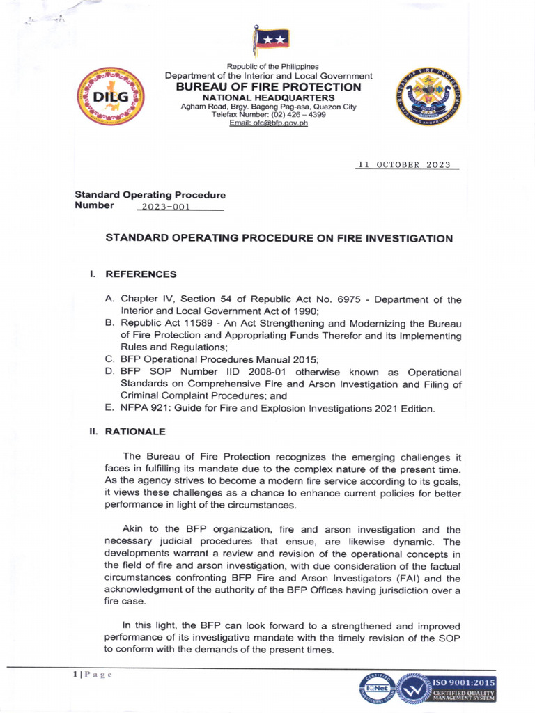 SOP 2023 001 Standard Operating Procedure On Fire Investigation | PDF ...