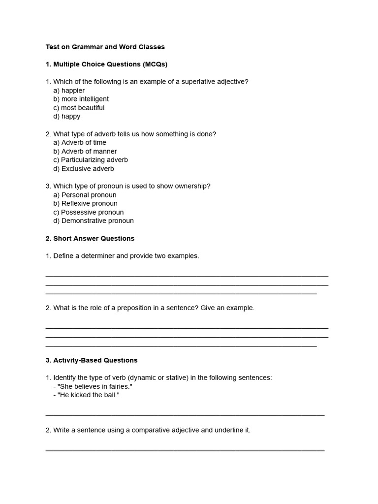 Grammar and Word Classes Test Guide | PDF | Adverb | Adjective
