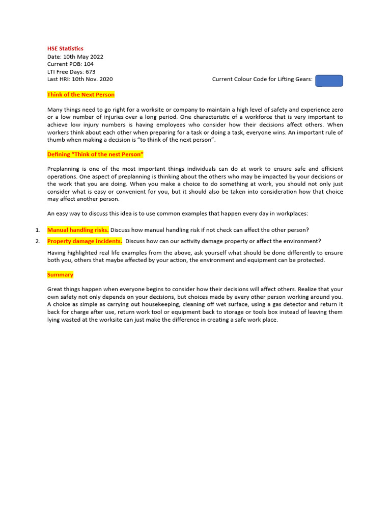 Daily HSE Daily Tip For 10th May 2022 - Think of The Next Person | PDF