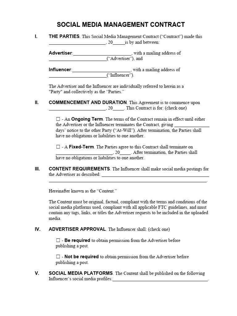 Social Media Management Contract Template | PDF | Indemnity | Private Law