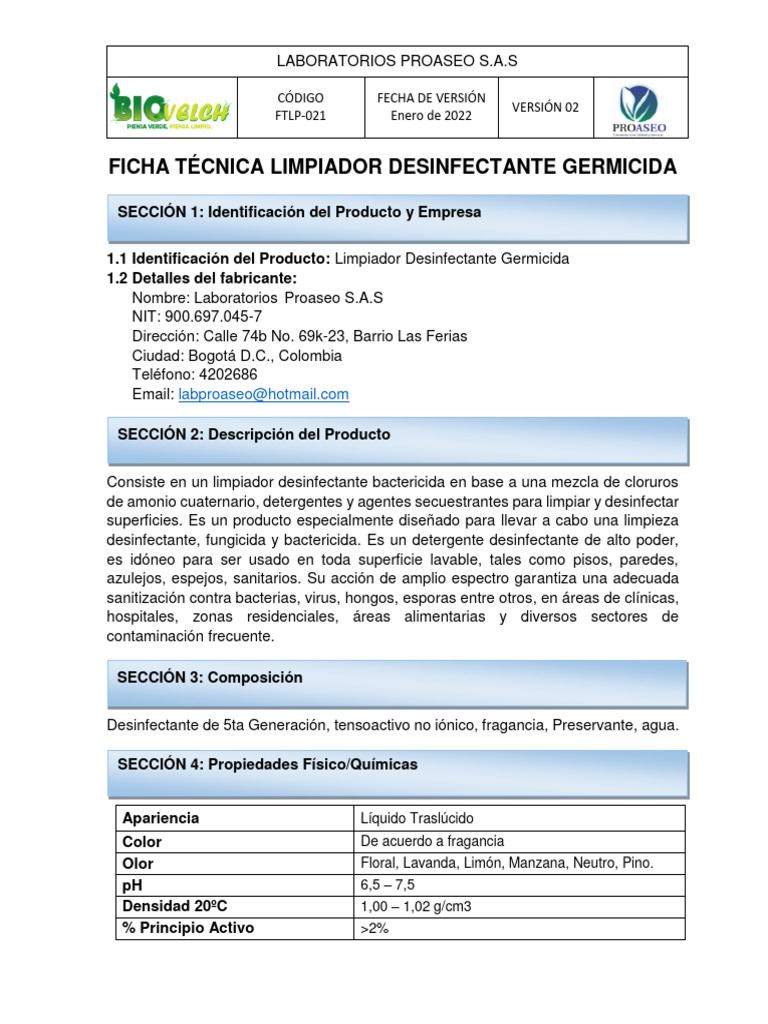 Limpiador Desinfectante Germicida Proaseo | PDF