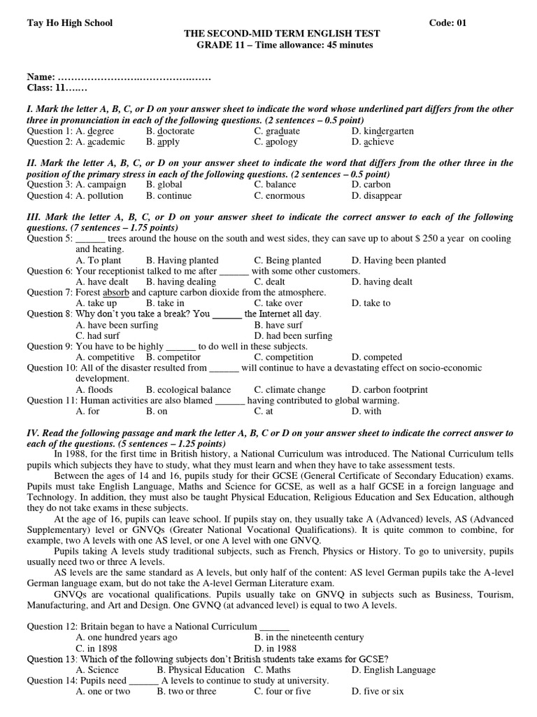 Grade 11 English Test - Tay Ho High School | PDF | Gce Advanced Level ...