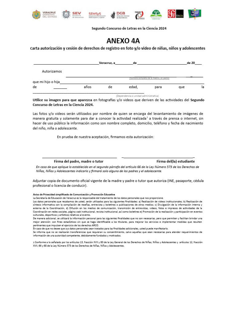 ANEXO 4A. Carta de Autorización de Imagen Estudiantes | PDF, image size:768x1024