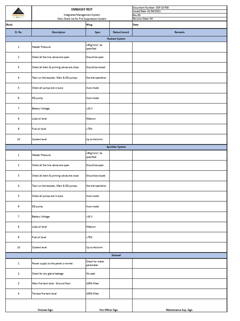 Daily Fire Suppression System Checklist | PDF | Leak | Mechanical ...