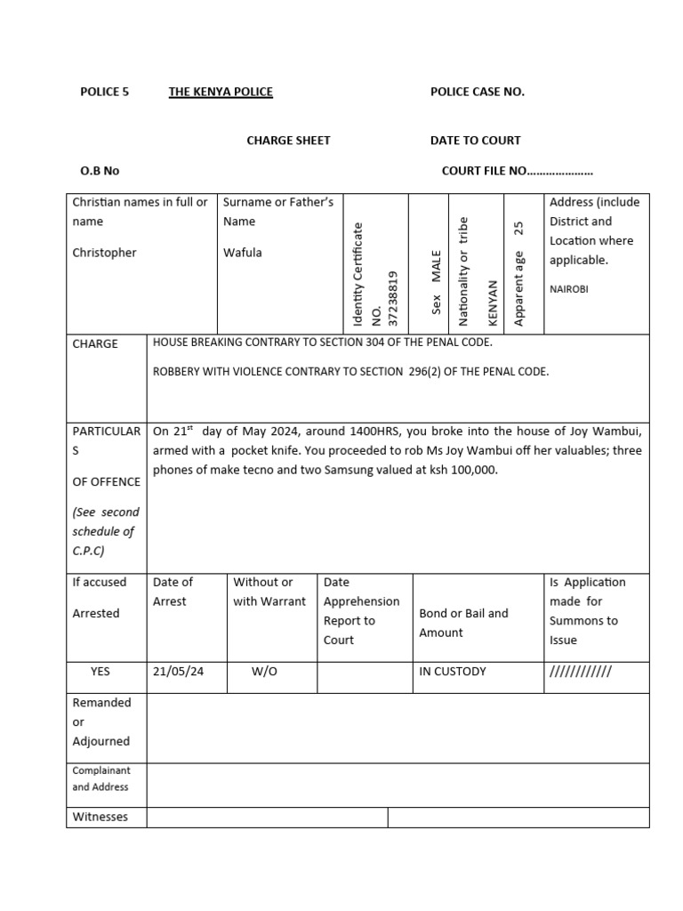 Kenya Police Charge Sheet for Robbery | PDF | Bail | Legal Action