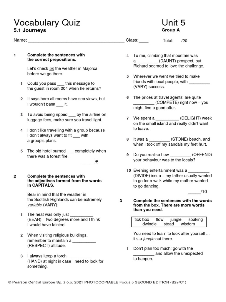 Focus5 2E Vocabulary Quiz Unit5.1 GroupA 2kol | PDF