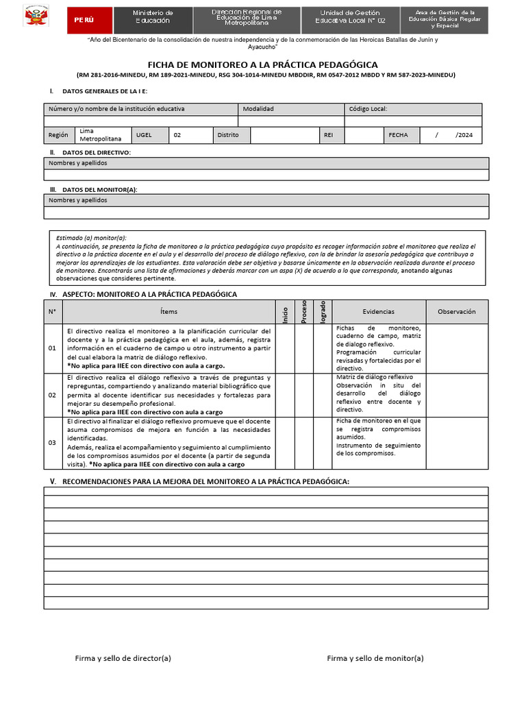 Ficha de Monitoreo Docente 2024 | PDF | Aprendizaje | Modificación de ...
