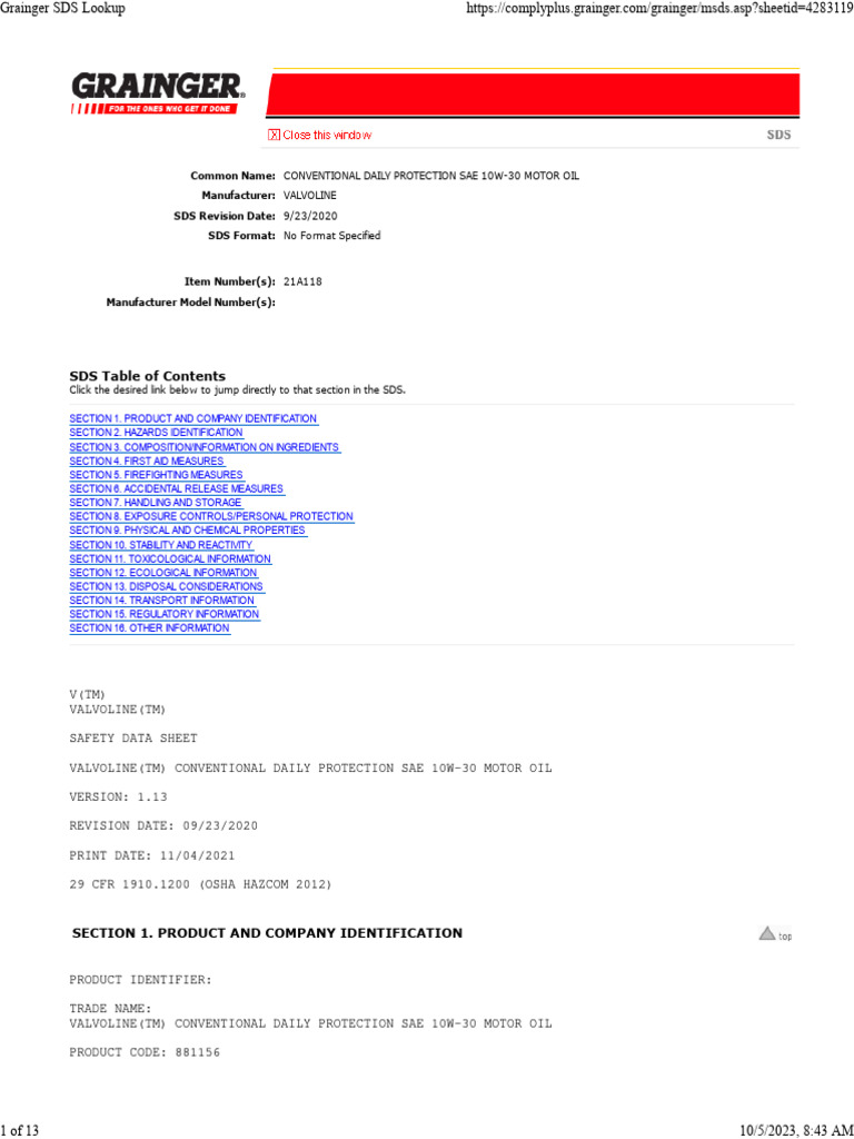 Valvoline 10W-30 Motor Oil SDS | PDF | Dangerous Goods | Toxicity