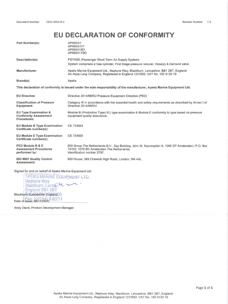 DOC-0053-R-2 EU Declaration of Conformity PSTASS PED Rev1.3 Signed | PDF