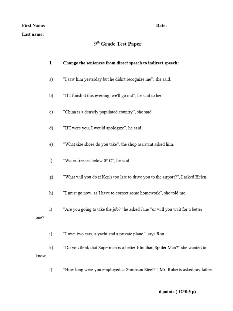 Reported Speech Test Paper | PDF