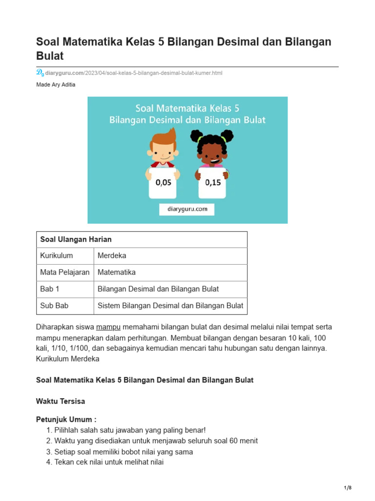 Soal Matematika Kelas 5 Bilangan Desimal Dan Bilangan Bulat | PDF ...