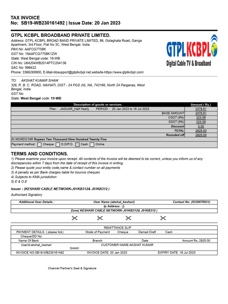 GTPL Broadband Tax Invoice SB19-WB230161492 | PDF | Cheque | Invoice