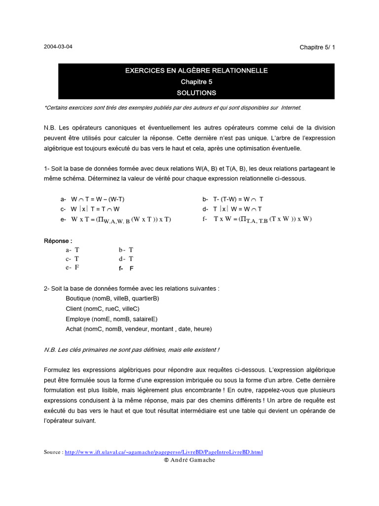 Exercices d'Algèbre Relationnelle | PDF | Bases de données | Logiciel ...