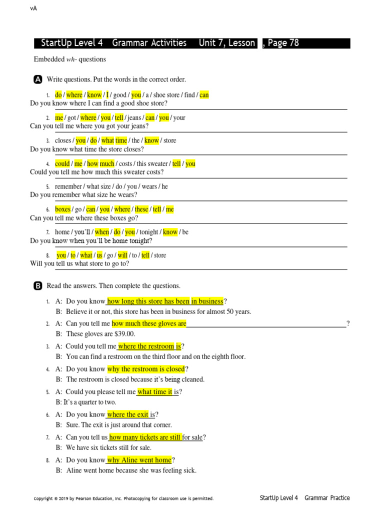 Startup Level 4 Grammar Activities Unit 7, Lesson 1, Page 78 | PDF