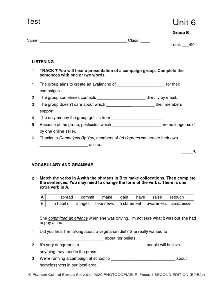 Focus4 2E Test Unit6 GroupB 1kol | PDF