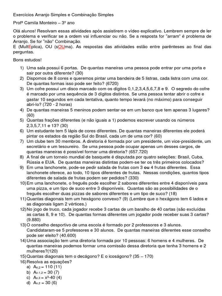 Exercícios de Arranjo e Combinação | PDF | Esportes e Recreação
