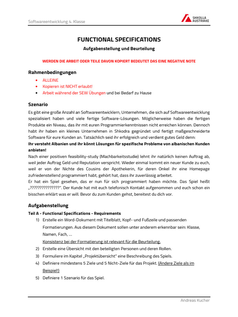 Aufgabe Functional Specifications | PDF