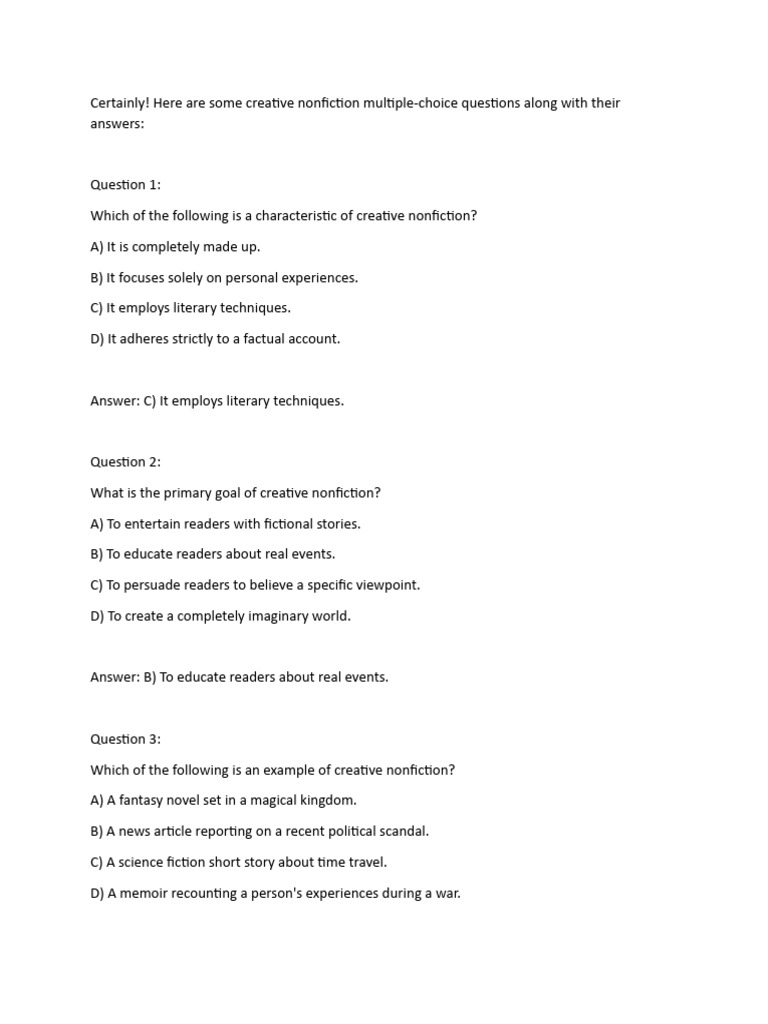Creative Nonfiction Quiz Pdf Creative Nonfiction Narration