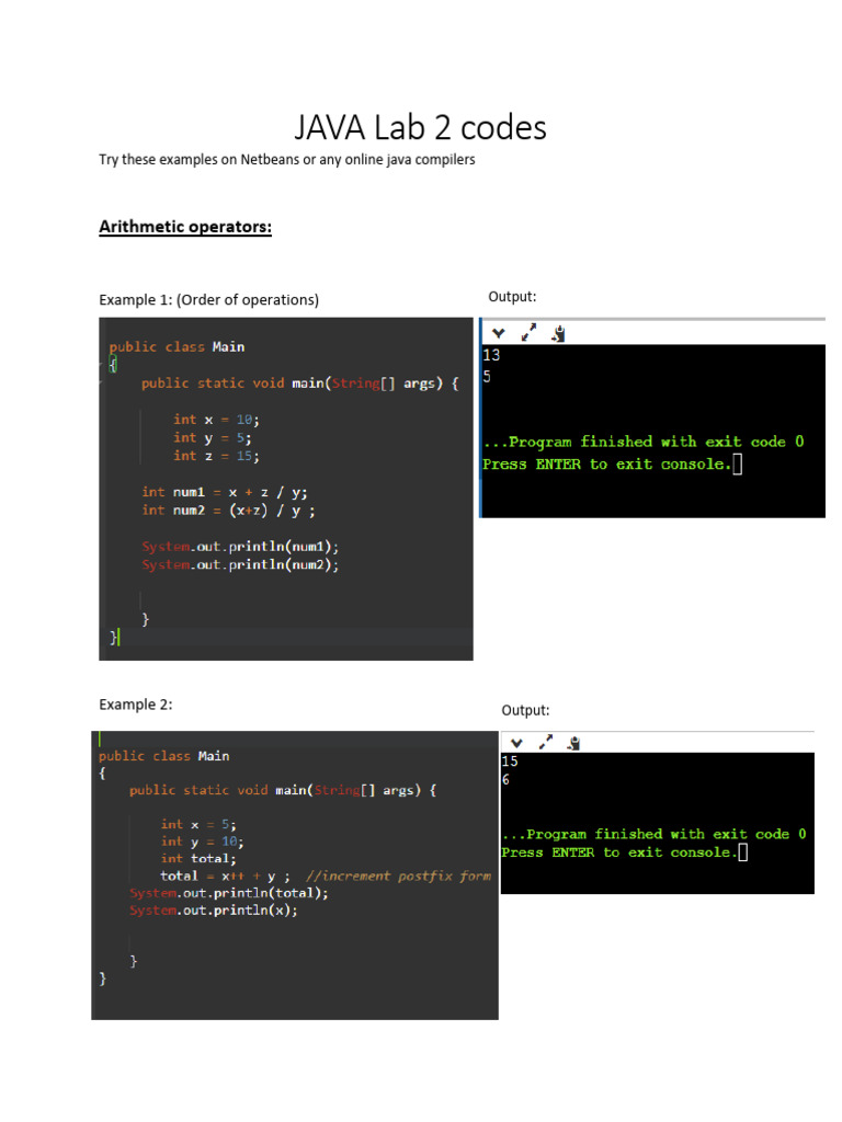 Java Lab 2: Arithmetic & Operators Examples | PDF