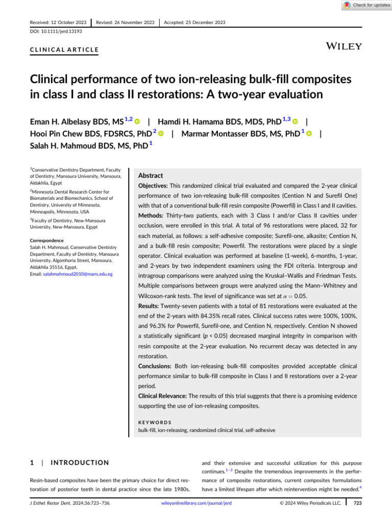 J Esthet Restor Dent 2024 Albelasy Clinical Performance of Two Ion‐Releasing Bulk‐Fill