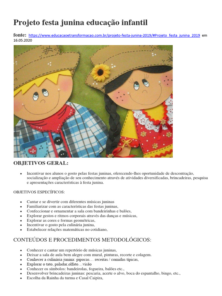 Projeto Festa Junina Educação Infantil 1 | PDF | Pré-escola | Pedagogia