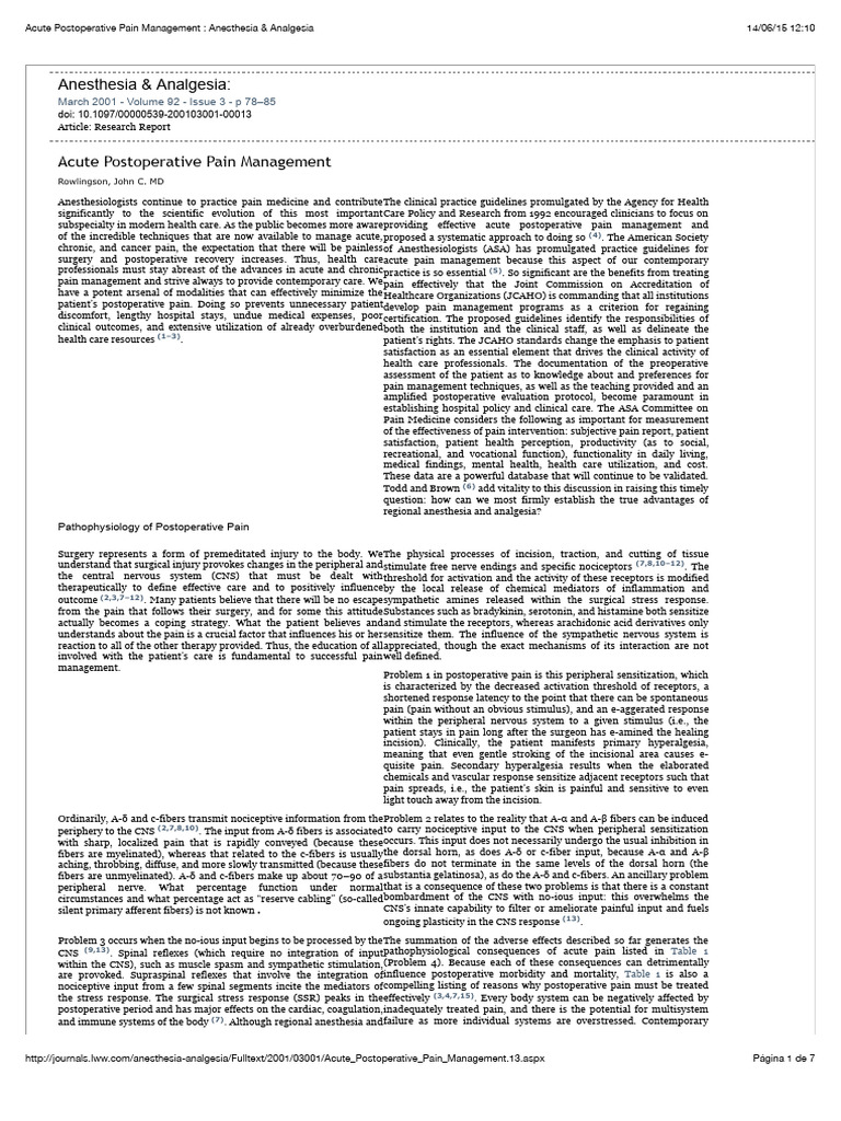 Acute Postoperative Pain Management Guide | PDF | Pain Management ...
