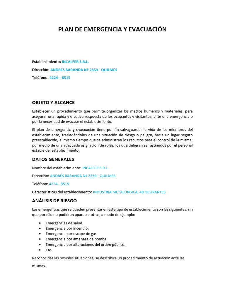 Plan de Emergencia y Evacuación INCALFER | PDF | Primeros auxilios ...