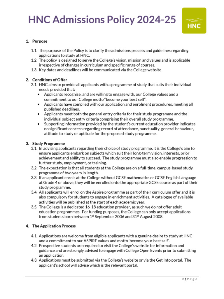 HNC Admissions Policy 2024-25 Overview | PDF | Policy | University And ...