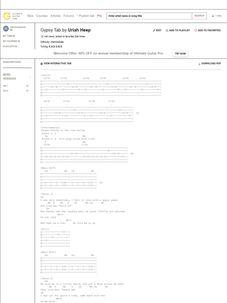 Uriah Heep's Gypsy Guitar Tab | PDF | Music Industry | Sound Recording