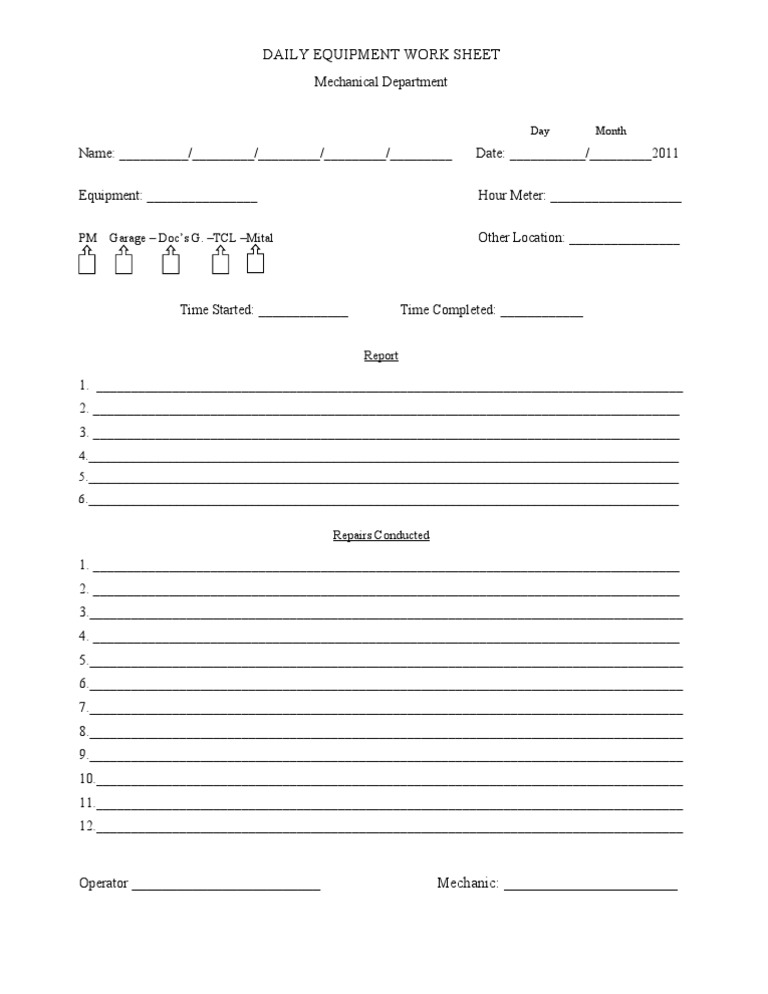 Daily Equipment Work Sheet Template | PDF