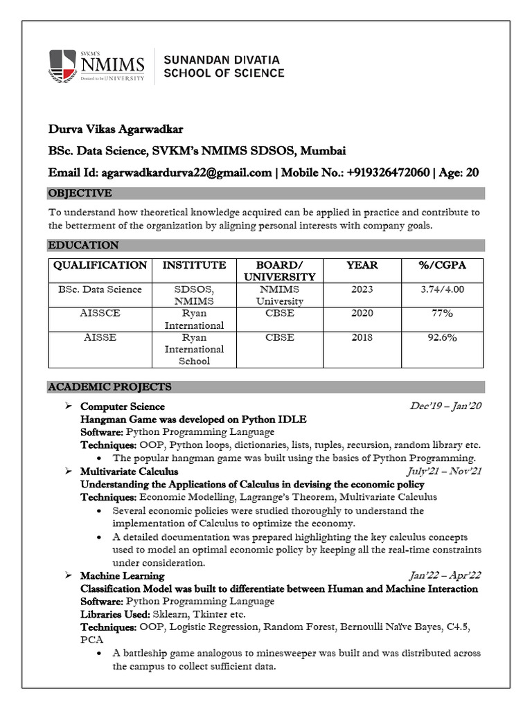 Durva cv download free pdf data science python programming language 