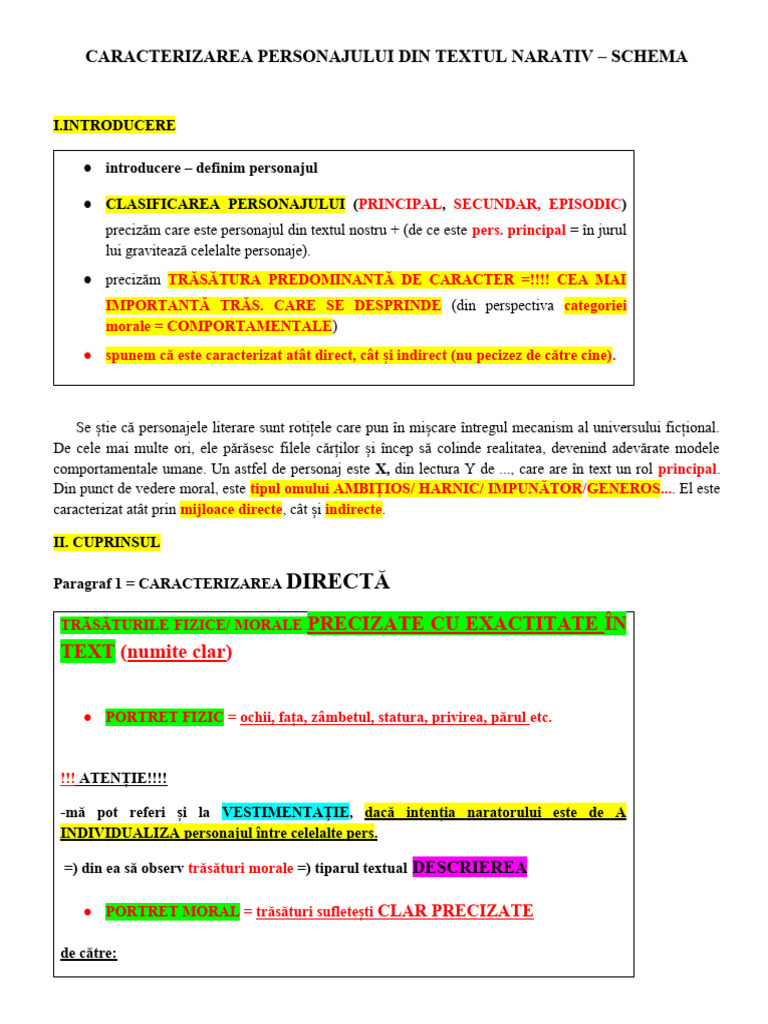 Schema - Caracterizare de Personaj Din Textul Narativ | PDF