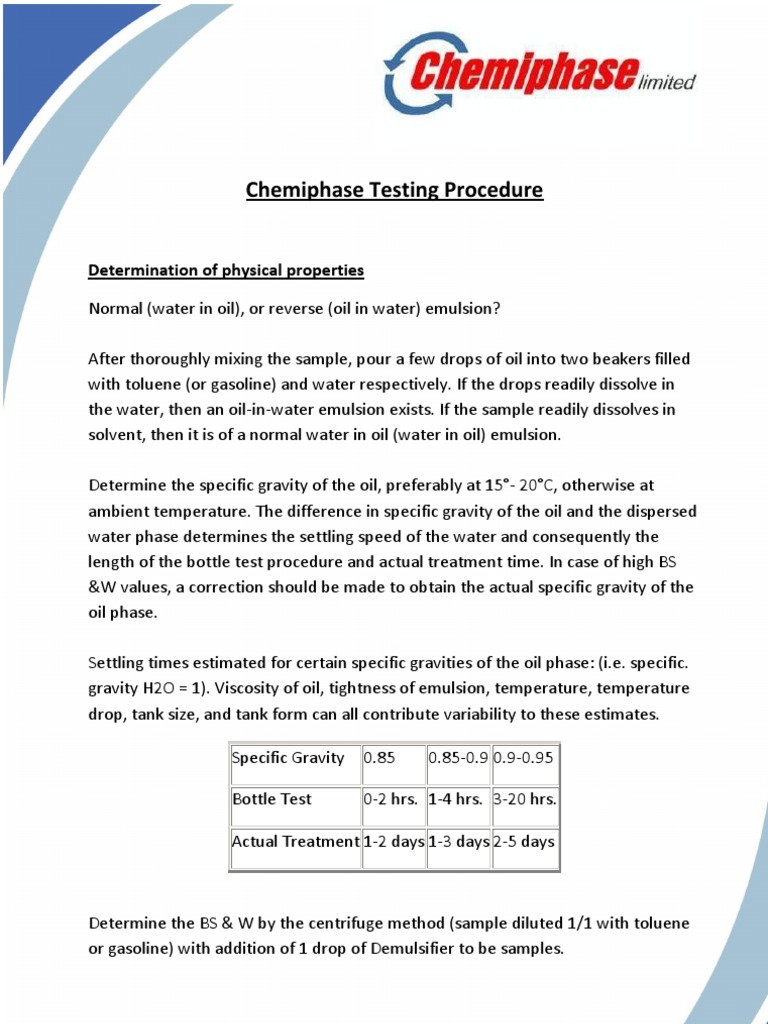 Chemiphase Demulsifier Testing Guide | PDF | Emulsion | Litre