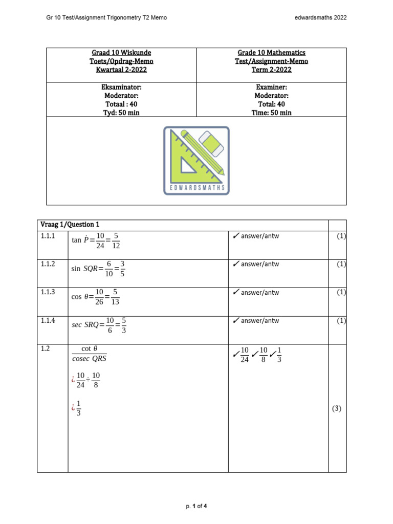 GR 10 Edwardsmaths Test or Assignment Trigonometry T2 2022 Memo | PDF ...