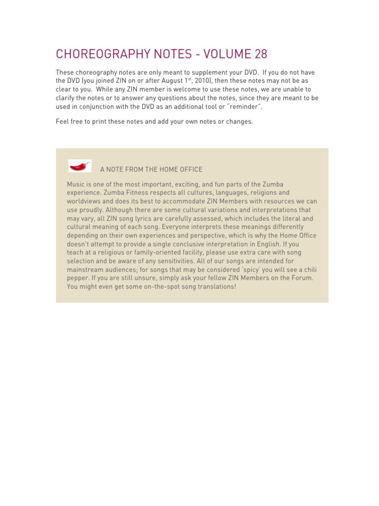 Zumba Choreography Notes Volume 28 | PDF | Song Structure | Performing Arts