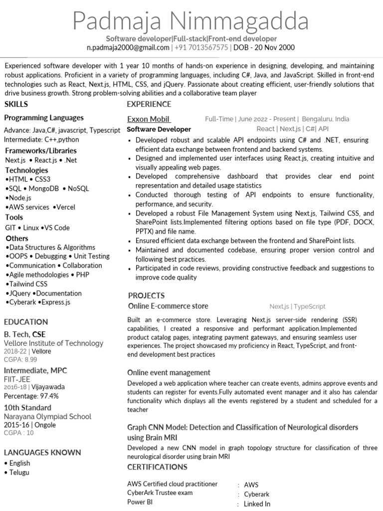 Padmaja Nimmagadda: Software Developer Profile | PDF | Java Script | C ...