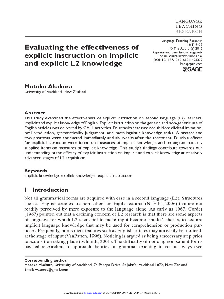 Effectiveness of Explicit L2 Instruction | PDF | English As A Second Or ...