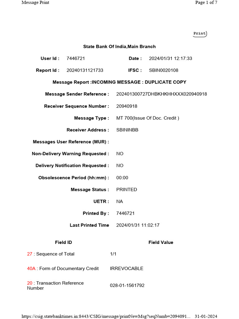 MT 700 Documentary Credit Details | PDF | Bill Of Lading | Banks