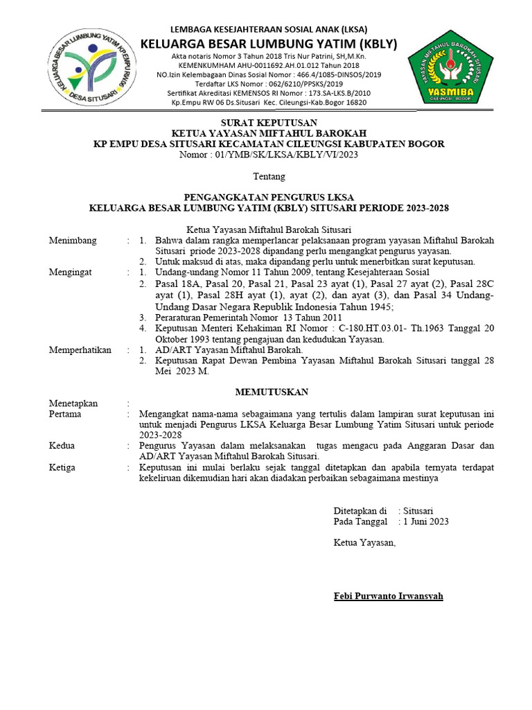 Pengangkatan Pengurus KBLY 2023-2028 | PDF