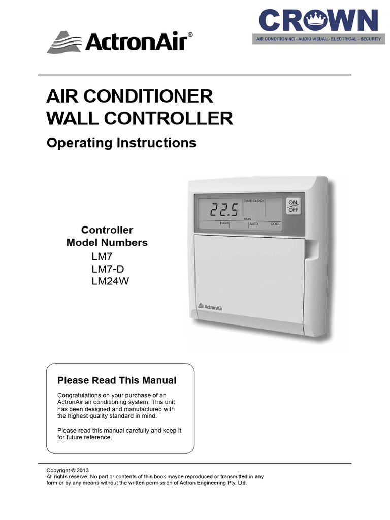Actron Air Models LM7, LM7 D and LM24W Air Conditioner Wall Controller ...