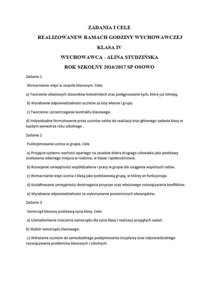 Plan Pracy Wychowawcy Klasa 1 Plan Pracy Wychowawcy Cele | PDF