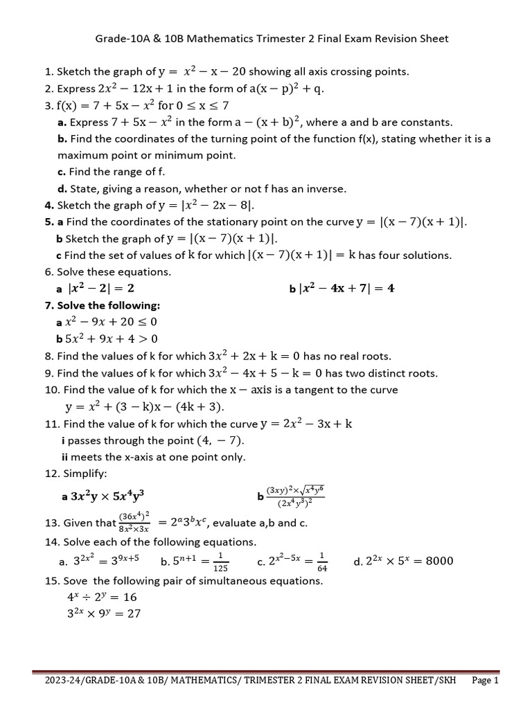 Grade 10 Math Trimester 2 Exam Revision | PDF | Equations | Analytic ...