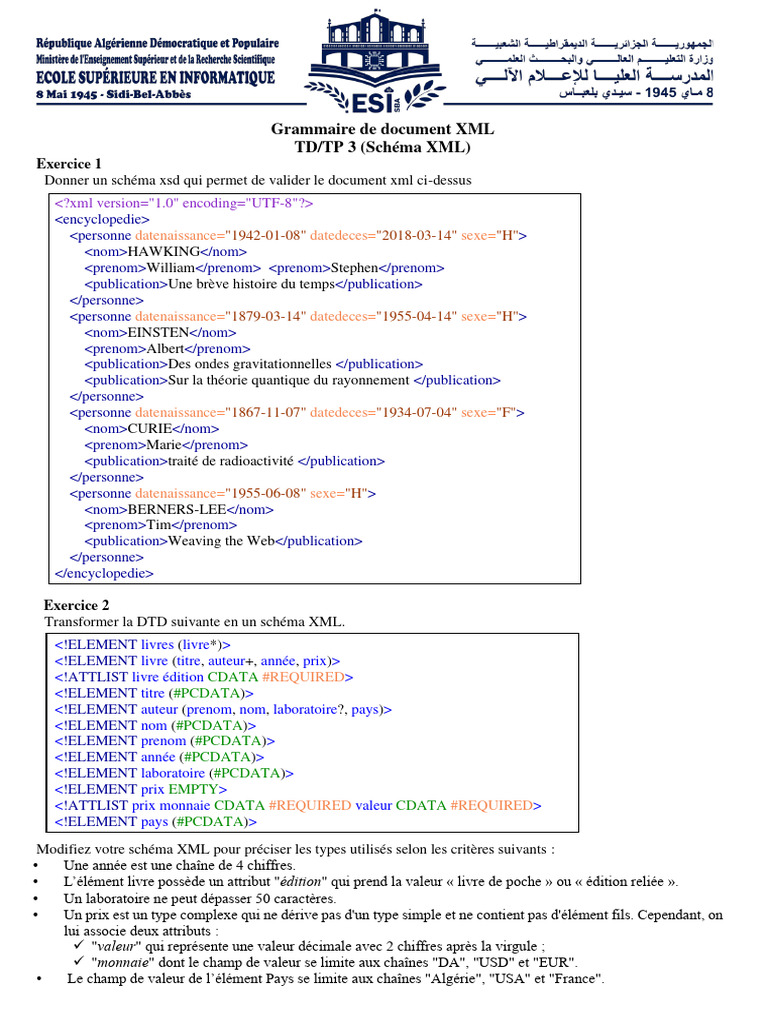 TD3 XML Schema 2023 2024 | PDF | XML