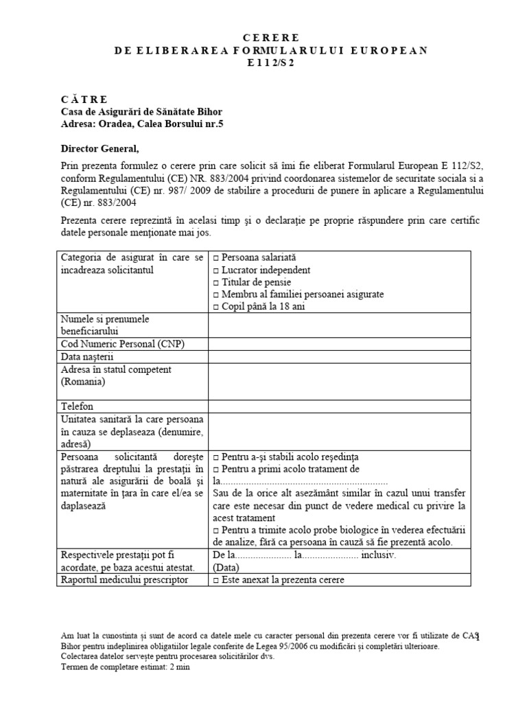 Model Cerere Formular E112 - S2 An 2023 | PDF